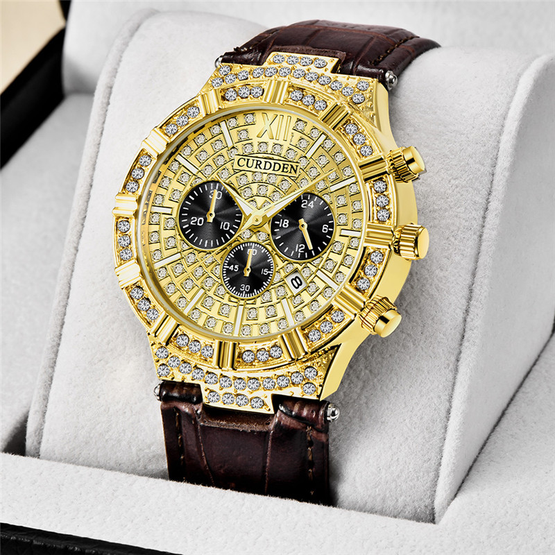 Leather Watch Band Men - 男性オリジナル CURDDEN ブランド腕時計学生ファッションレザーバンドダイヤモンドゴールド日付クォーツ腕時計 Relogios Masculinos 2025
