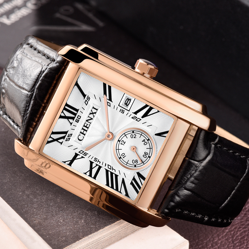 Chenxi-男性用のクラシックなスクエアブラウンレザーウォ - Leather Watch Band Men のレビューと価格
