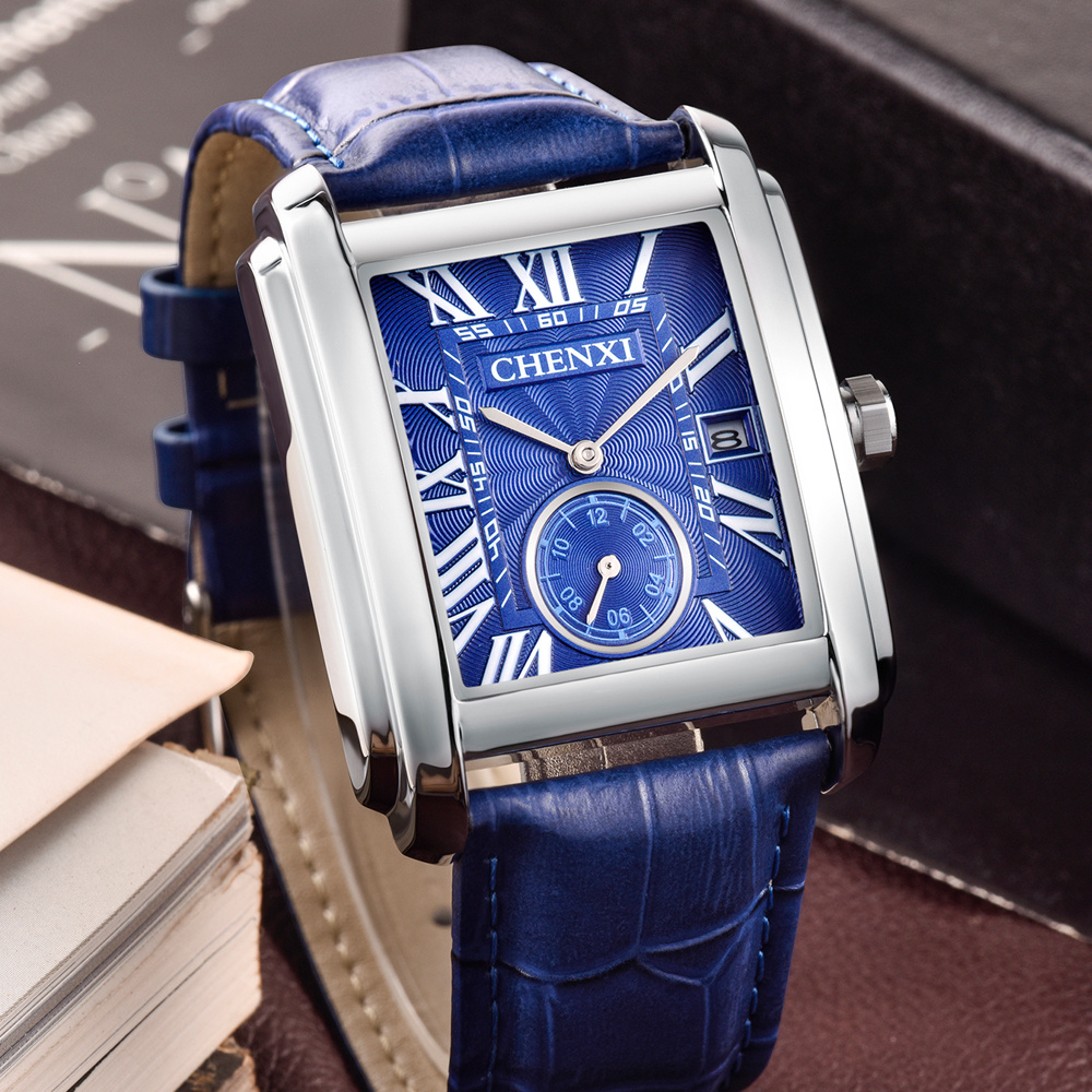 Chenxi-男性用のクラシックなスクエアブラウンレザーウォ - Leather Watch Band Men のレビューと価格